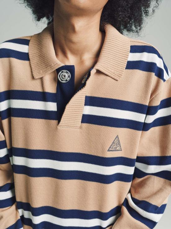  랑방 폴로 티셔츠 오버사이즈 긴팔 폴로 셔츠 네이비/화이트/베이지 스트라이프 - LANVIN