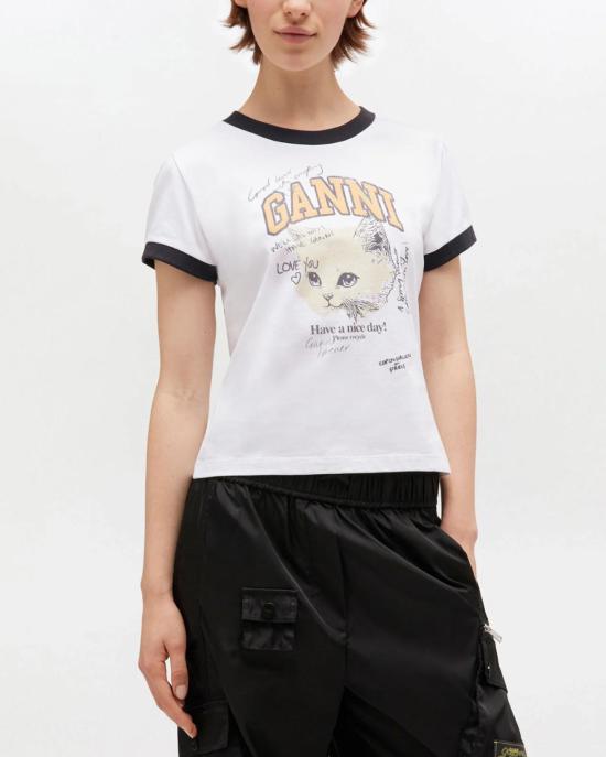  가니 반팔 티셔츠 크롭 키티 티셔츠 브라이트 화이트 - GANNI