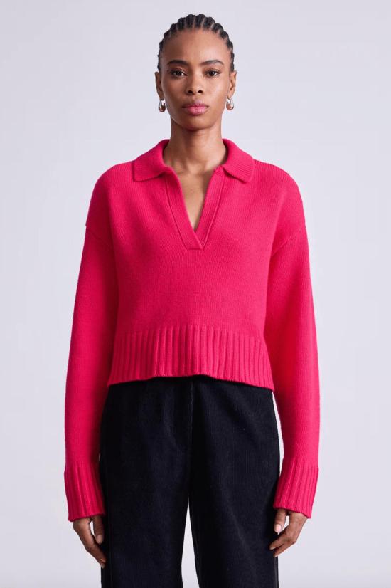  어피스 어파트 스웨터 Apiece Apart Split Neck Henley Sweater Cerise - APIECE APART