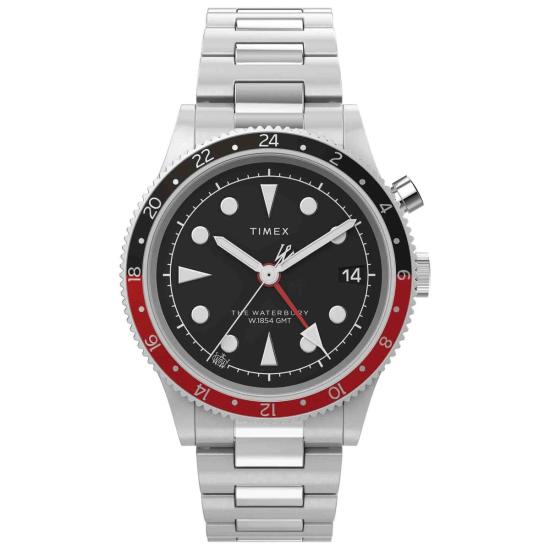  타이맥스 손목시계 워터베리 트래디셔널 GMT 39mm 스테인리스 스틸 시계 블랙/레드