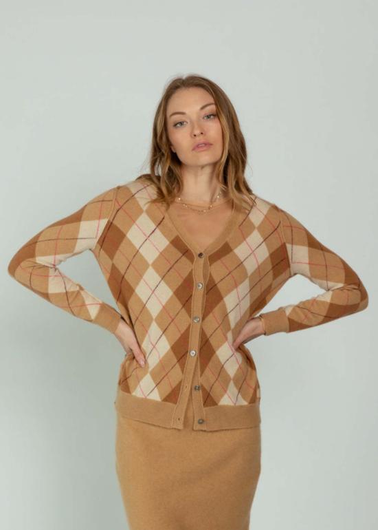  브라조 트리콧 가디건 브라조 트리코 아가일  스웨터 카멜 - BRAZEAU TRICOT