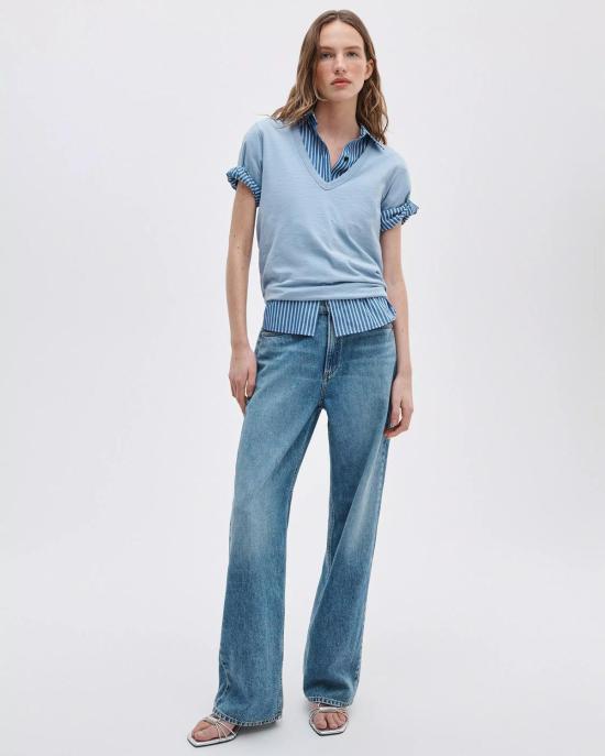  랙앤본 반팔 티셔츠 Rag & Bone The Slub Vee Tee Haze Blue - RAG & BONE