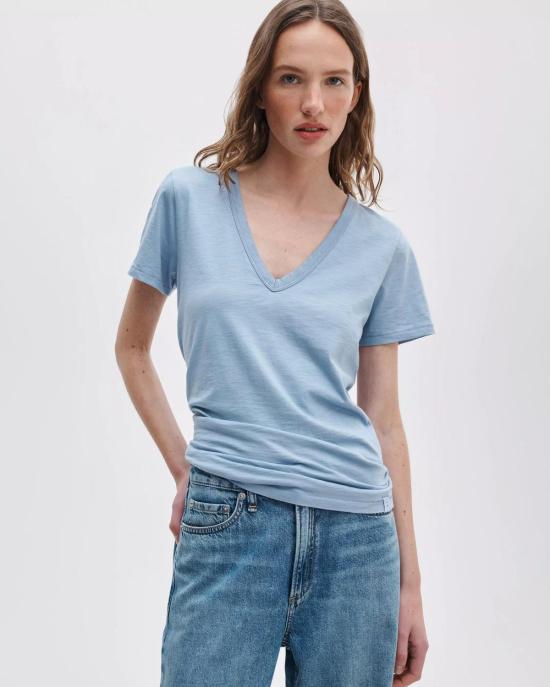  랙앤본 반팔 티셔츠 Rag & Bone The Slub Vee Tee Haze Blue - RAG & BONE