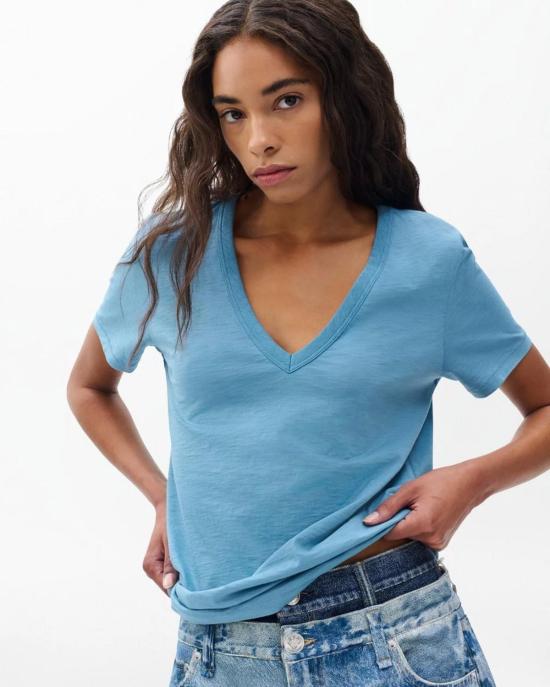  랙앤본 반팔 티셔츠 Rag & Bone The Slub Vee Tee Fog Blue - RAG & BONE