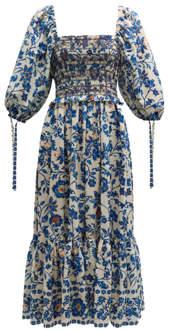  카라 카라 미디 원피스 Cara Cara Jazzy Tiered Smocked Midi Dress Azure Alexandria Floral