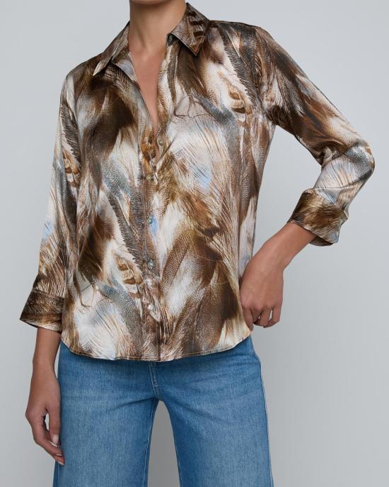  라장스 블라우스 다니 3/4 소매  뉴트럴/블루 믹스 페더