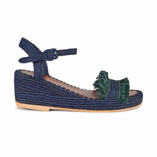  프라우드 메리 풋웨어 샌들 라피아 웨지 프린지  네이비/포레스트 프린지 - PROUD MARY FOOTWEAR
