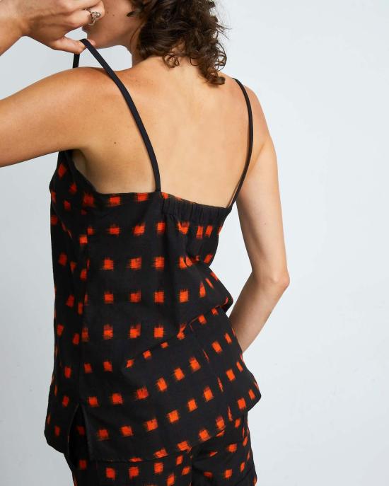  론 민소매 티셔츠 Lwn Neri 슬립 탑 Flame Pixel Handloom Ikat - LWN