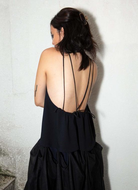  카렘 롱 원피스 Kaarem Rhythm Halter Áo Dài 투피스 드레스 블랙 블루 - KAAREM