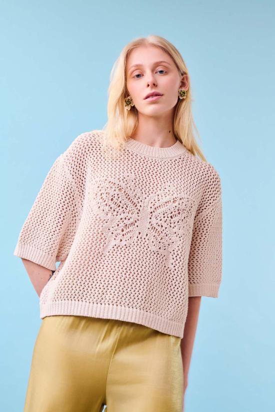  지지 니트웨어 반팔 티셔츠 버터플라이 코튼 니트 티셔츠 - GIGI KNITWEAR