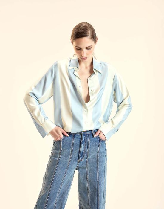  신시아 로리 셔츠 신시아 로울리 컬렉터블 스트라이프 실크 셔츠 블루이비 - CYNTHIA ROWLEY