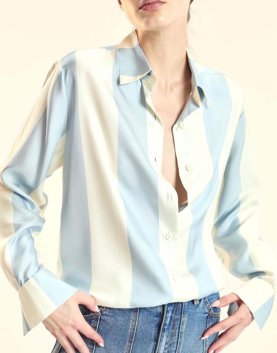  신시아 로리 셔츠 신시아 로울리 컬렉터블 스트라이프 실크 셔츠 블루이비 - CYNTHIA ROWLEY