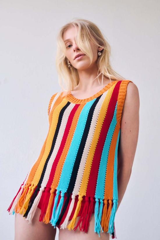  지지 니트웨어 민소매 티셔츠 Gigi 니트웨어 Naia 스트라이프 프린지 탱크탑 - GIGI KNITWEAR