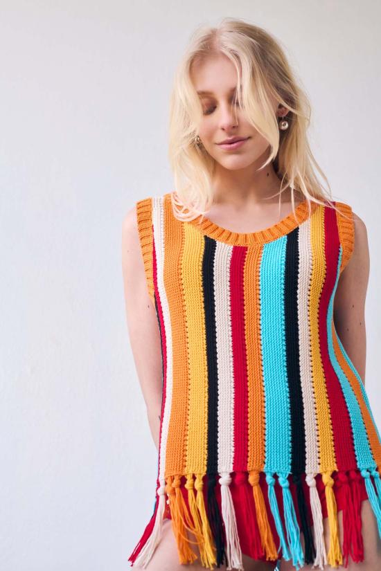  지지 니트웨어 민소매 티셔츠 Gigi 니트웨어 Naia 스트라이프 프린지 탱크탑 - GIGI KNITWEAR