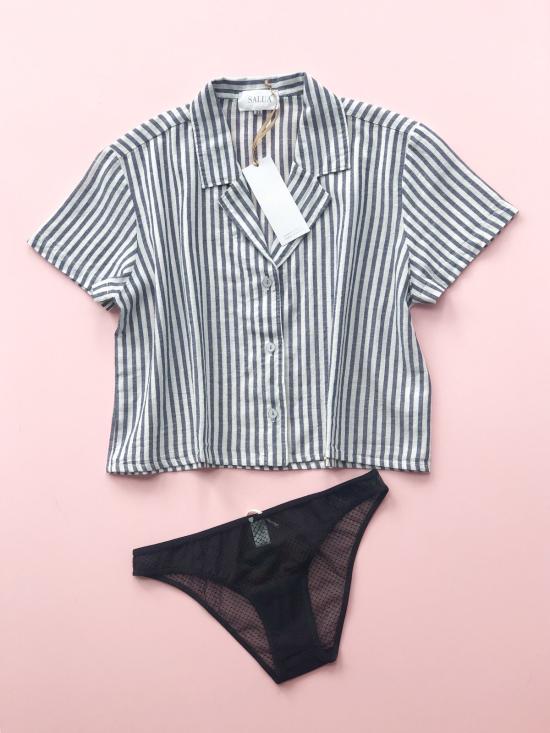  살루아 란제리 언더웨어 크롭 버튼다운 하이웨이스트 스트라이프 쇼츠 - SALUA LINGERIE