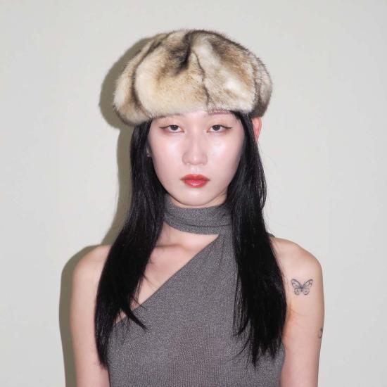  클라이드 모자 인조 모피 베레모 크림 친칠라