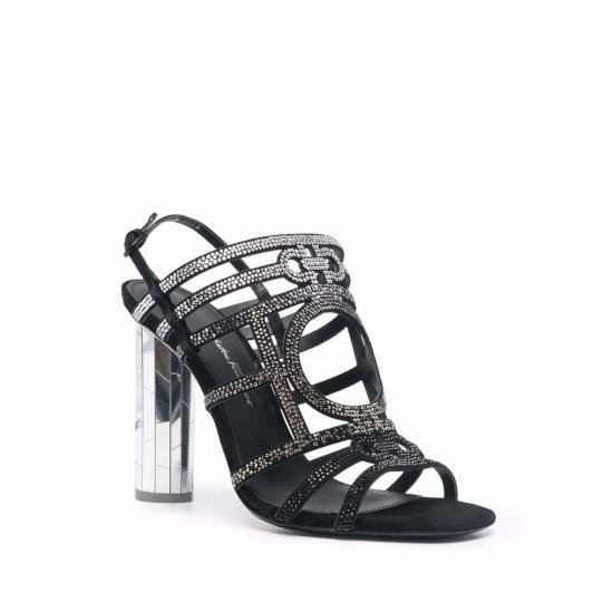  살바토레 페라가모 샌들 페라가모 크리스털 장식 블록 힐  블랙 - SALVATORE FERRAGAMO
