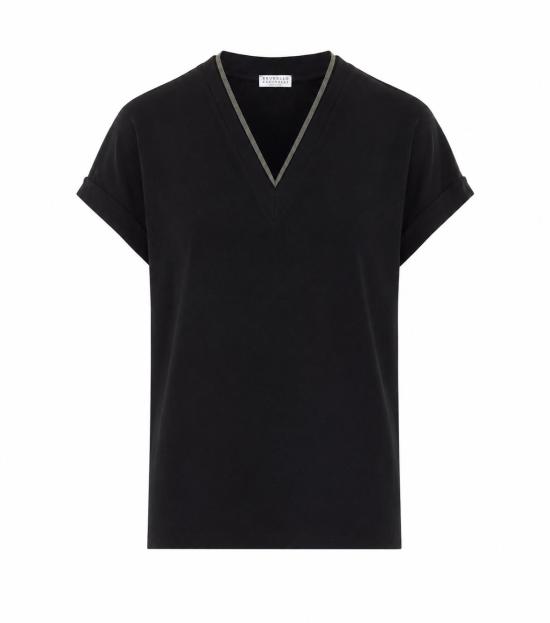 26FW 브루넬로 쿠치넬리 메탈릭 디테일 네크라인 V넥 탑 M0T18BD222 C101 Black