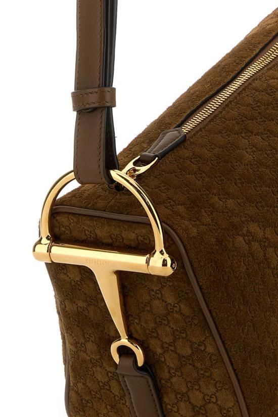  구찌 숄더백 카라멜 스웨이드 미디엄 하프 호스빗 숄더백 페퍼 브라운 - GUCCI