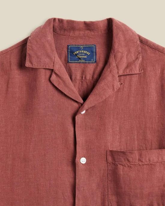  포르투기스플란넬 반팔 셔츠 포르투갈산 플란넬 린넨 캠프 칼라  버건디 - PORTUGUESE FLANNEL