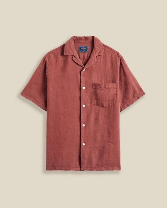  포르투기스플란넬 반팔 셔츠 포르투갈산 플란넬 린넨 캠프 칼라  버건디 - PORTUGUESE FLANNEL
