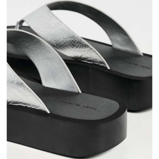  토리버치 샌들 가죽 플랫폼 플립플롭 실버/퍼펙트 블랙 - TORY BURCH