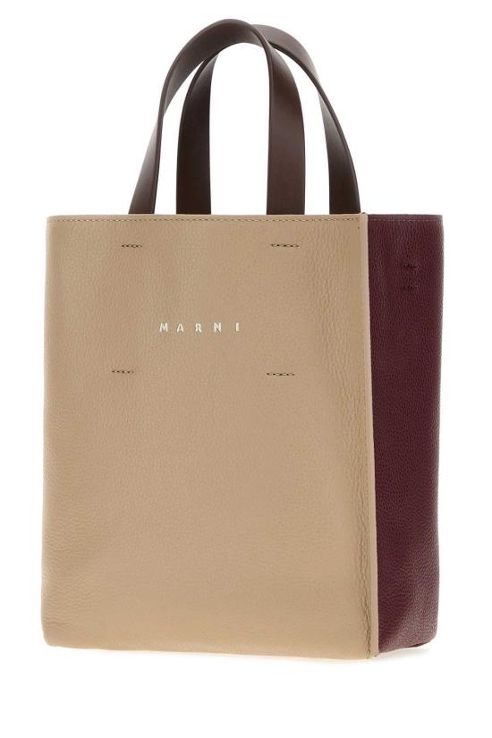  마르니 토트백 투톤 가죽 미니 뮤제오 핸드백 문스톤/다크 버건디/커피 - MARNI