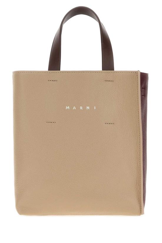  마르니 토트백 투톤 가죽 미니 뮤제오 핸드백 문스톤/다크 버건디/커피