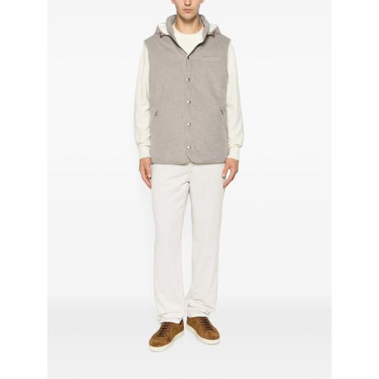 26FW 브루넬로 쿠치넬리 본디드 울 플란넬 디테처블 후드 다운 베스트 MM4701775 CGK56 GREY - BRUNELLO CUCINELLI