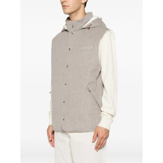 26FW 브루넬로 쿠치넬리 본디드 울 플란넬 디테처블 후드 다운 베스트 MM4701775 CGK56 GREY - BRUNELLO CUCINELLI