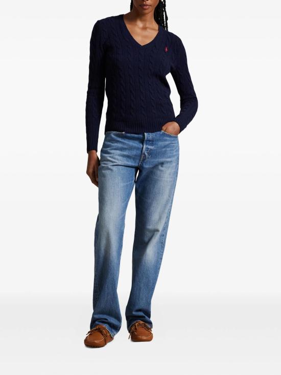 26FW 폴로 랄프로렌 포니 로고 자수 케이블 니트 v넥 스웨터 211971866 003 Blu - POLO RALPH LAUREN
