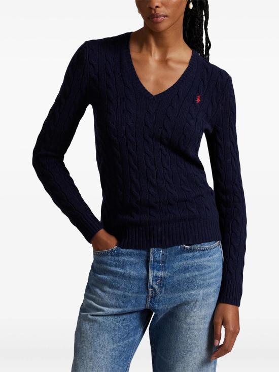 26FW 폴로 랄프로렌 포니 로고 자수 케이블 니트 v넥 스웨터 211971866 003 Blu - POLO RALPH LAUREN