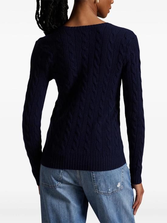 26FW 폴로 랄프로렌 포니 로고 자수 케이블 니트 v넥 스웨터 211971866 003 Blu - POLO RALPH LAUREN