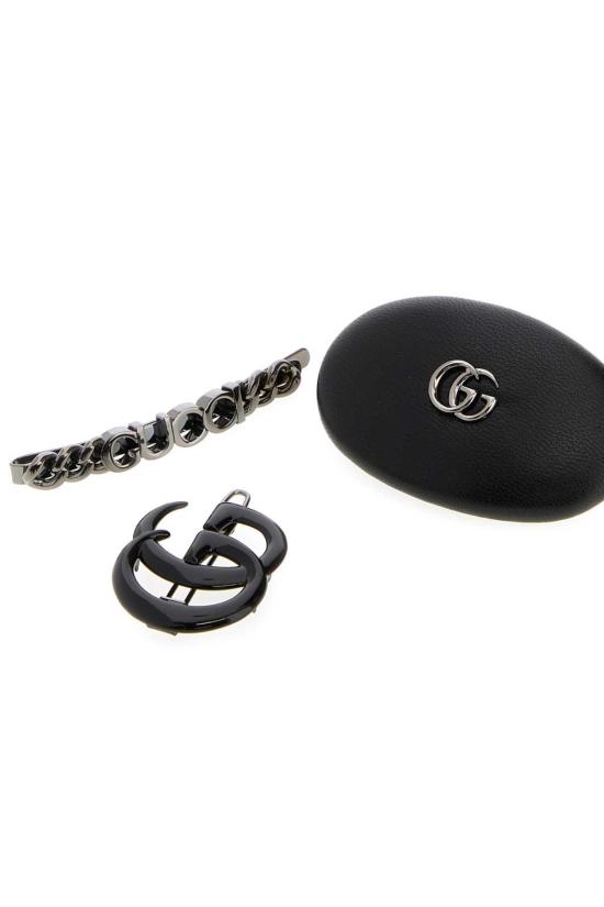  구찌 헤어 액세서리 블랙 가죽 및 메탈 헤어 클립 세트 블랙/실버 - GUCCI