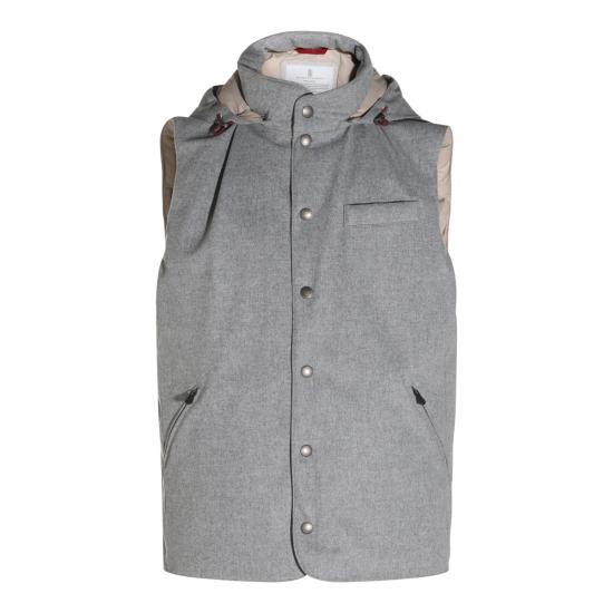 26FW 브루넬로 쿠치넬리 본디드 울 플란넬 디테처블 후드 다운 베스트 MM4701775 CDF30 GREY