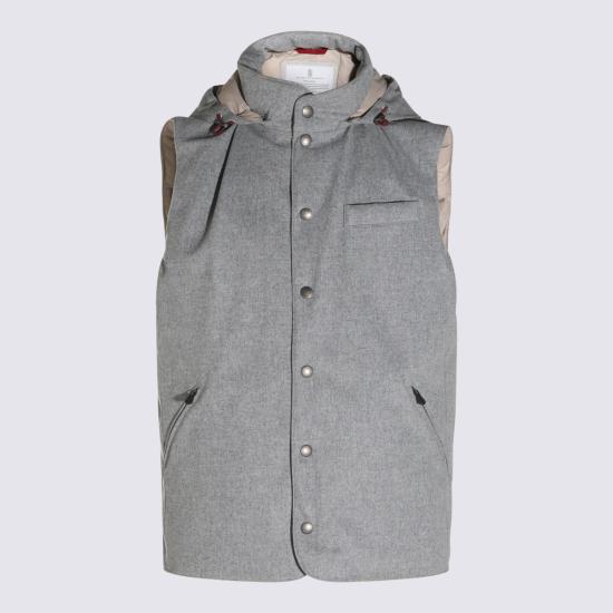 26FW 브루넬로 쿠치넬리 본디드 울 플란넬 디테처블 후드 다운 베스트 MM4701775 CDF30 GREY - BRUNELLO CUCINELLI