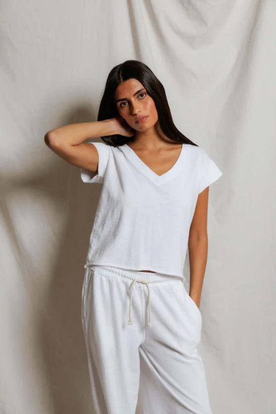  퍼펙트 화이트 티 반팔 티셔츠 펄 재패니즈 저지 브이넥 탑 - PERFECT WHITE TEE