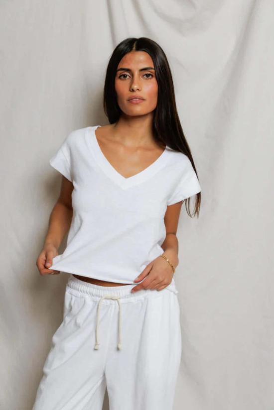  퍼펙트 화이트 티 반팔 티셔츠 펄 재패니즈 저지 브이넥 탑 - PERFECT WHITE TEE