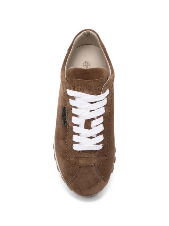 26FW 브루넬로 쿠치넬리 샤이니 탭 디테일 스웨이드 러닝 스니커즈 MZSFG2110 C9773 BROWN - BRUNELLO CUCINELLI