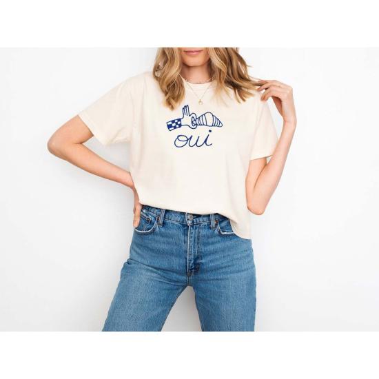  반팔 티셔츠 Plantiful Design Co 자수 Oui 프랑스 크루아상 티셔츠 - OTHER BRANDS