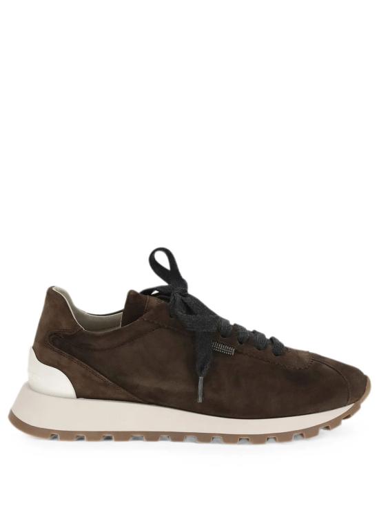 26FW 브루넬로 쿠치넬리 샤이니 탭 디테일 스웨이드 러닝 스니커즈 MZSFG2110 C9885 BROWN