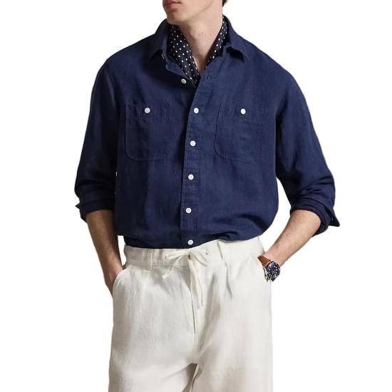  폴로 랄프로렌 긴팔 셔츠 폴로 랄프 로렌 클래식 핏 린넨 실크 워크 네이비 - POLO RALPH LAUREN