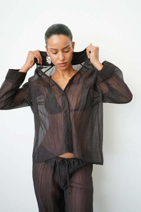  LNA CLOTHING 셔츠 Lna Clothing Sylvie 시스루 버튼다운 탑 블랙