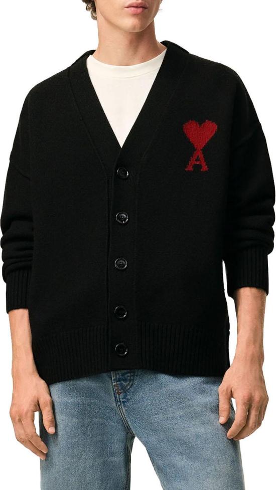 26FW 아미 스웨터 AMIUKC367018009FELTEDMERINOWOOLAMIDECOEURVNECKCARDIGANCARDIGANSBLACK - AMI