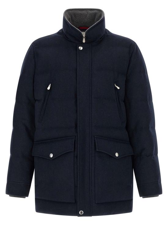 26FW 브루넬로 쿠치넬리 본디드 울 플란넬 탈부착 후드 다운 자켓 MM4701823CYG13 Blue - BRUNELLO CUCINELLI