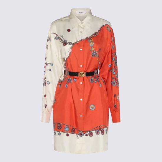 26FW 베르사체 미디 원피스 1025495 1A186365O360 ORANGE WHITE GOLD