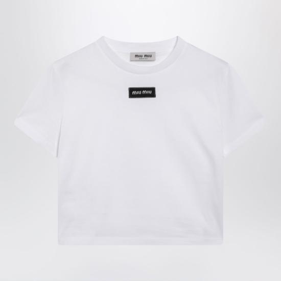 26FW 미우미우 로고 자수 코튼 티셔츠 로고 자수 코튼 티셔츠 MJNA45OOO6398 White - MIU MIU