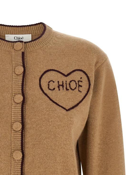 26FW 끌로에 니트웨어 하트 인타르시아 가디건 스웨터 및 가디건 베이지 - CHLOE
