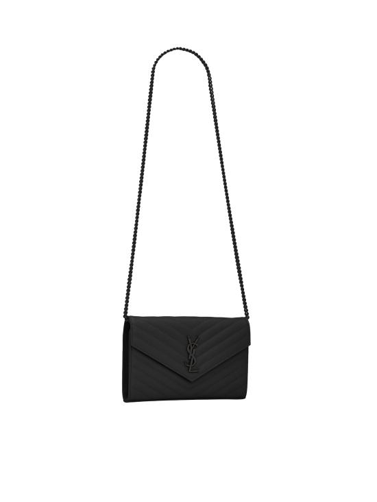 26FW 생로랑 그랑 드 뿌드르 엠보스드 레더 카산드라 마틀라세 체인 지갑 377828 BOW081000 BLACK - SAINT LAURENT
