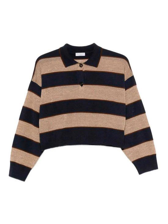 26SS 브루넬로 쿠치넬리 스파클링 스트라이프 크롭 니트 폴로 M16221605CNQ41 DARK BLUE